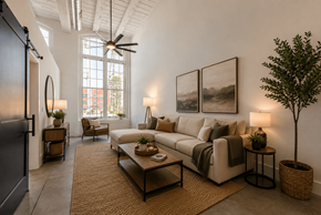 Warrenville apartment for rent - A living room with a couch, a chair, a table, and a potted plant.