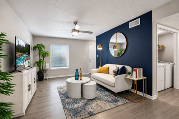 Sandy Springs apartment for rent - A living room with a white couch and a blue rug.
