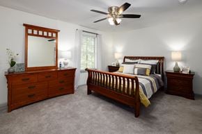 Atlanta apartment for rent - A bedroom with a bed, dresser, and mirror.