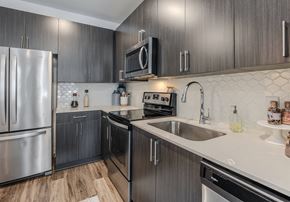 Decatur apartment for rent - A modern kitchen with dark wood cabinets and stainless steel appliances.