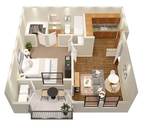 Floor plan for 1 bed, 1 bath, 618 sqft