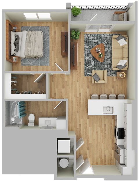 Floor plan for 1 bed, 1 bath, 739 sqft