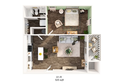 Floor plan for 1 bed, 1 bath, 525 sqft