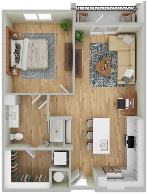 Floor plan for 1 bed, 1 bath, 740 sqft