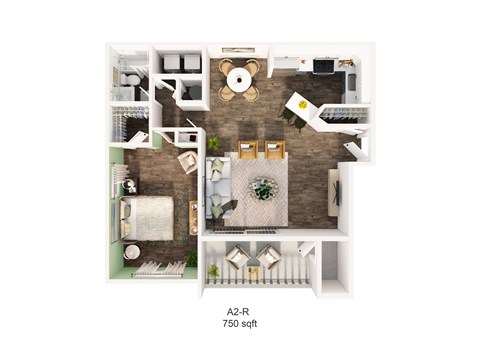 Floor plan for 1 bed, 1 bath, 750 sqft