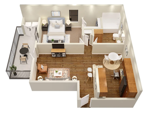 Floor plan for 1 bed, 1 bath, 735 sqft