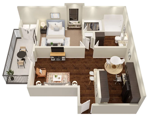 Floor plan for 1 bed, 1 bath, 742 sqft