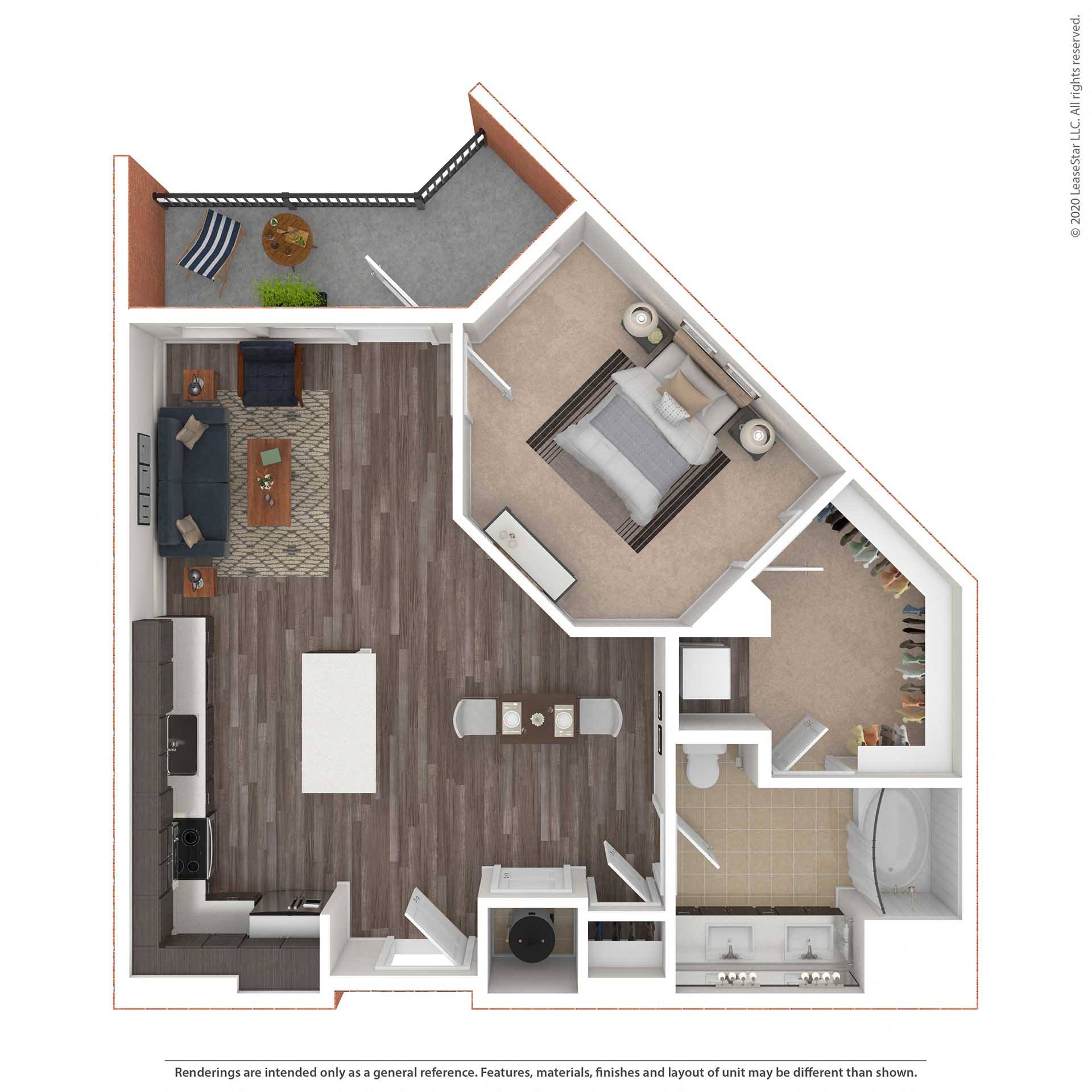 Floor plan for 1 bed, 1 bath, 857 sqft