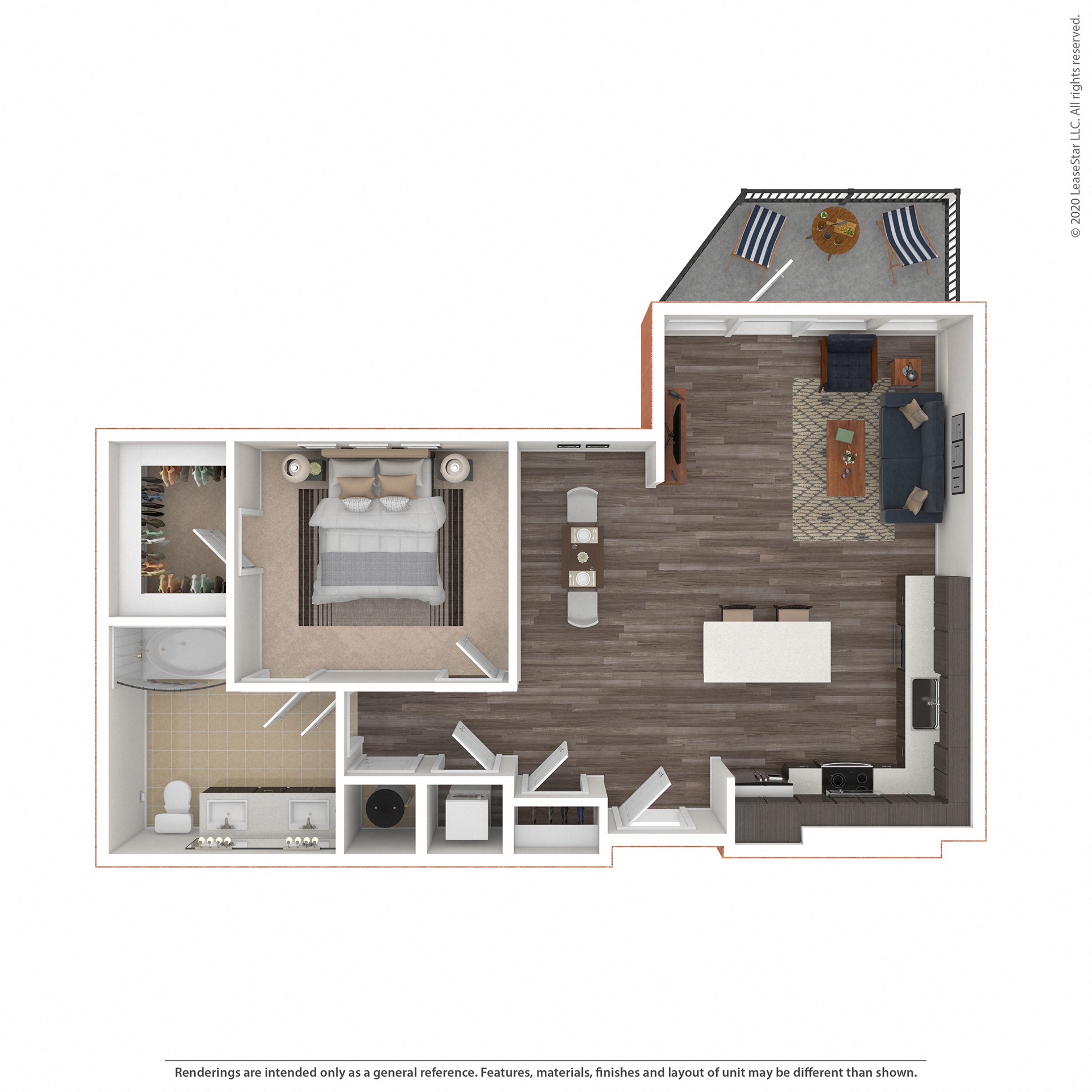 Floor plan for 1 bed, 1 bath, 847 sqft