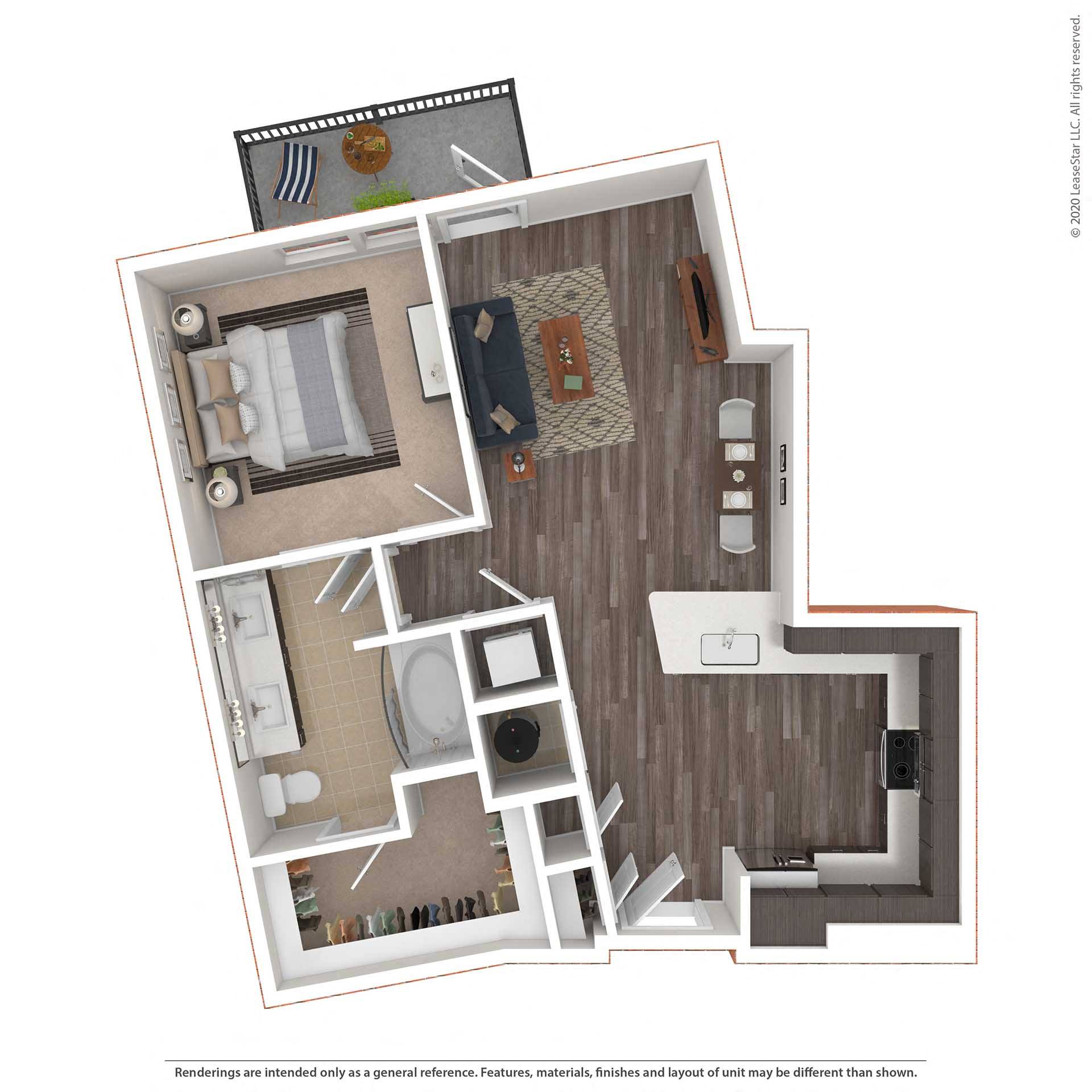 Floor plan for 1 bed, 1 bath, 789 sqft
