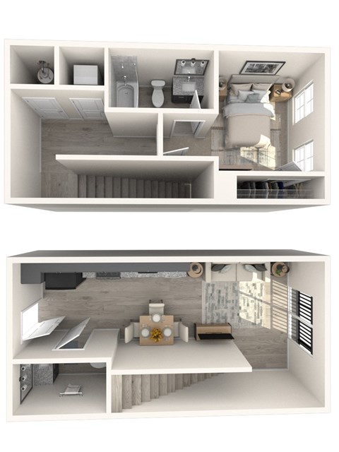 Floor plan for 1 bed, 1.5 baths, 878 sqft
