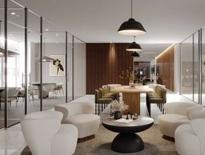 Ft Lauderdale apartment for rent - A modern dining room with a round table and white chairs.