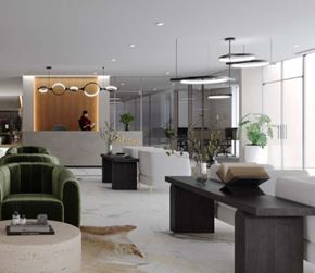 Ft Lauderdale apartment for rent - A modern office space with a reception desk, green armchairs, and a cowhide rug.