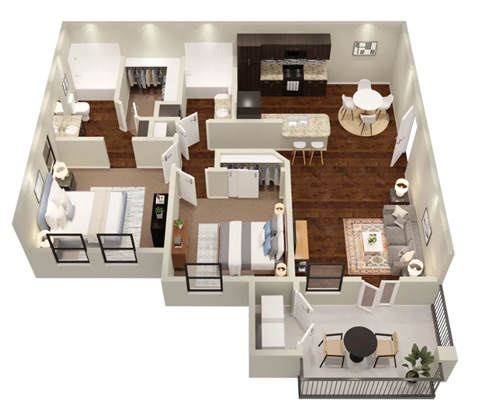 Floor plan for 2 beds, 2 baths, 966 sqft