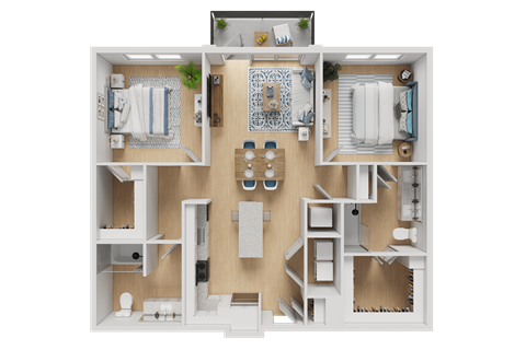 Floor plan for 2 beds, 2 baths, 1047 sqft