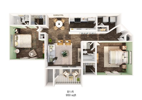 Floor plan for 2 beds, 2 baths, 950 sqft