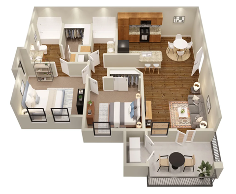 Floor plan for 2 beds, 2 baths, 973 sqft