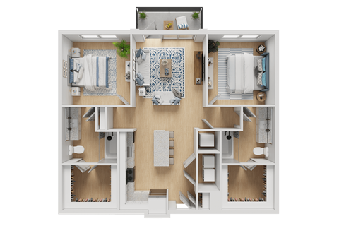 Floor plan for 2 beds, 2 baths, 1047 sqft