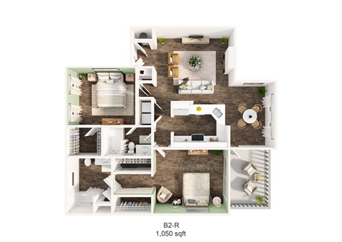 Floor plan for 2 beds, 2 baths, 1050 sqft