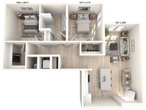 Floor plan for 2 beds, 1 bath, 989 sqft