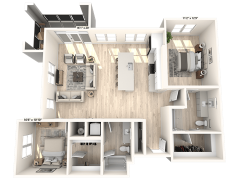 Floor plan for 2 beds, 2 baths, 1278 sqft