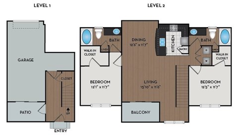 Floor plan for 2 beds, 2 baths, 1203 sqft