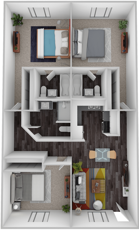 Floor plan for 3 beds, 3 baths, 1100 sqft