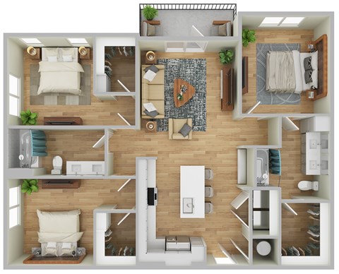 Floor plan for 3 beds, 2 baths, 1281 sqft