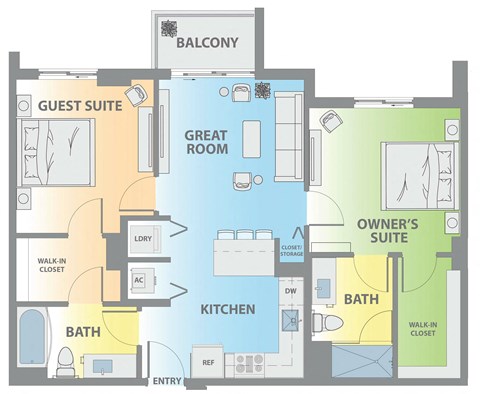 Floor plan for 2 beds, 2 baths, 910 sqft