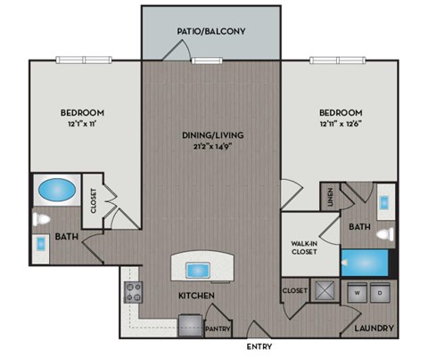 Floor plan for 2 beds, 2 baths, 1158 sqft