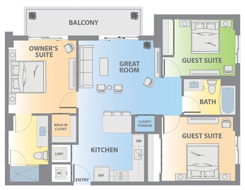 Floor plan for 3 beds, 2 baths, 1120 sqft