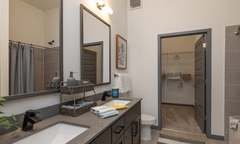 Double vanity sinks in main bedroom