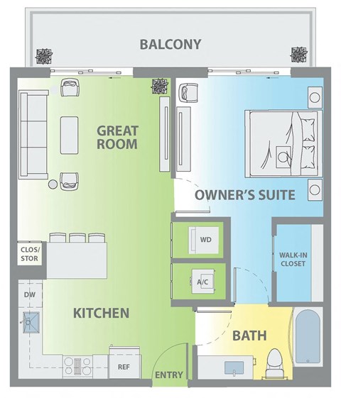 Floor plan for 1 bed, 1 bath, 645 sqft