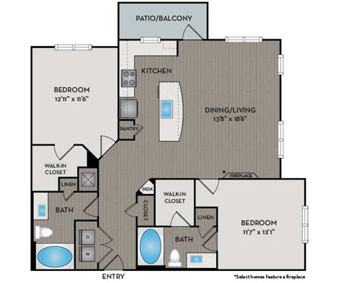 Floor plan for 2 beds, 2 baths, 1105 sqft