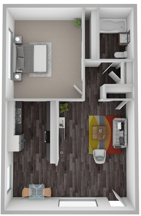 Floor plan for 1 bed, 1 bath, 568 sqft
