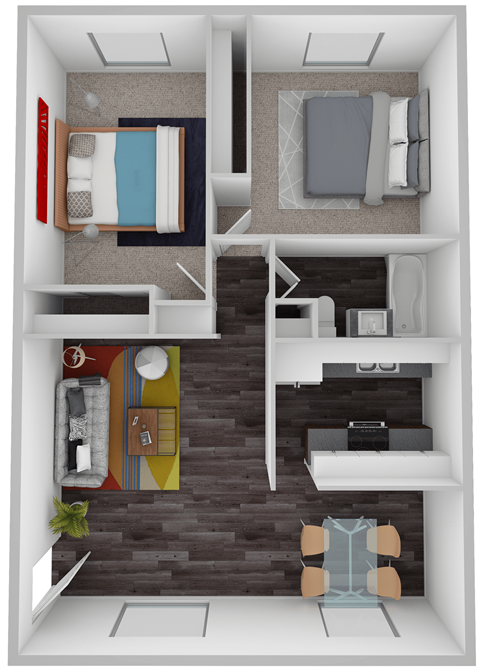 Floor plan for 2 beds, 1 bath, 972 sqft