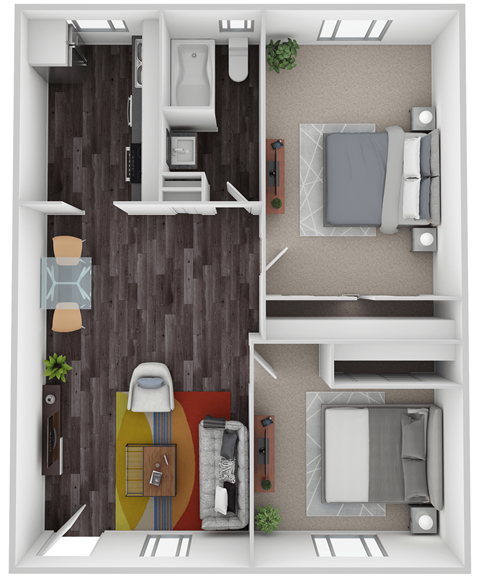 Floor plan for 2 beds, 1 bath, 750 sqft