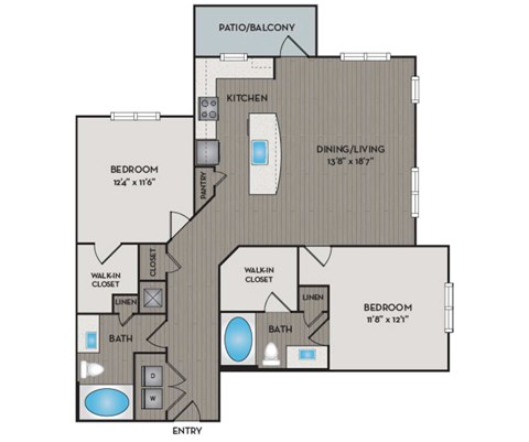 Floor plan for 2 beds, 2 baths, 1117 sqft