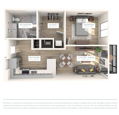 Floor plan for 1 bed, 1 bath, 699 sqft