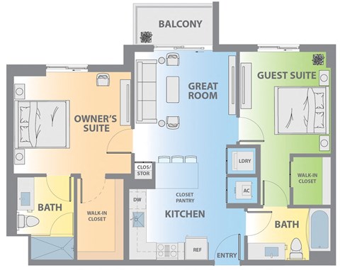 Floor plan for 2 beds, 2 baths, 915 sqft