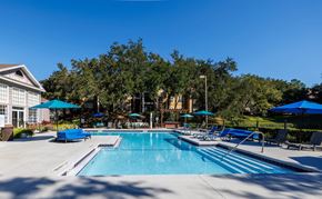 Tallahassee apartment for rent - A large swimming pool surrounded by trees and lounge chairs.
