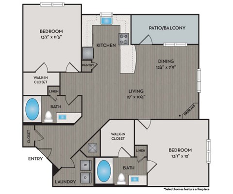 Floor plan for 2 beds, 2 baths, 1177 sqft