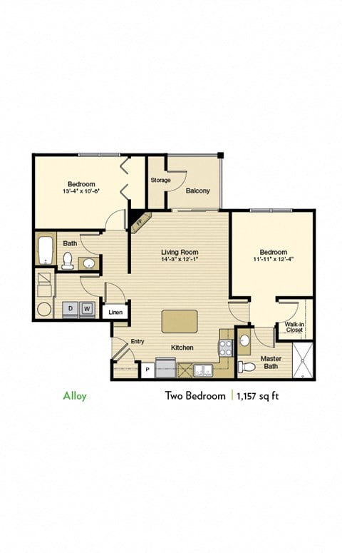 Floor plan for 2 beds, 2 baths, 1157 sqft