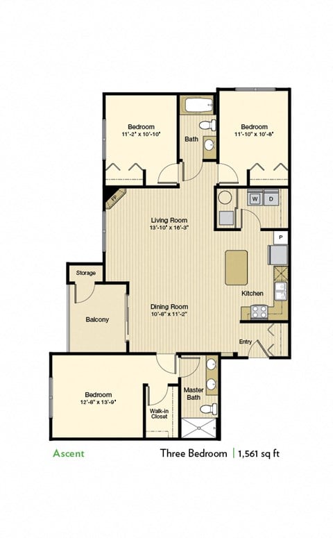 Floor plan for 3 beds, 2 baths, 1561 sqft