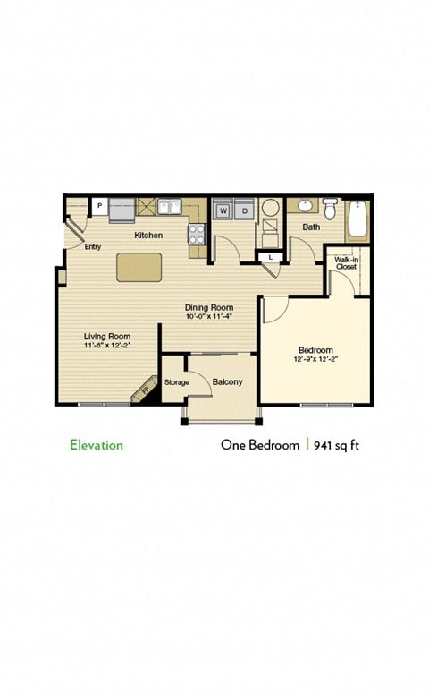 Floor plan for 1 bed, 1 bath, 941 sqft