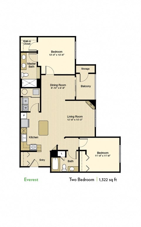 Floor plan for 2 beds, 2 baths, 1399 sqft