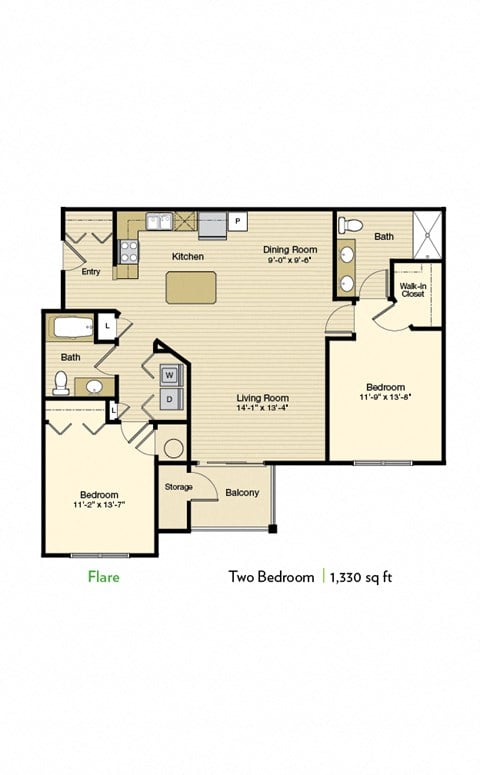 Floor plan for 2 beds, 2 baths, 1330 sqft