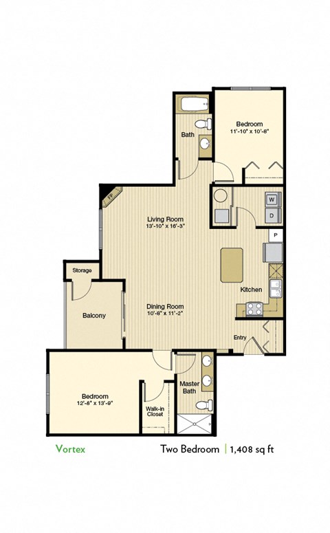 Floor plan for 2 beds, 2 baths, 1286 sqft