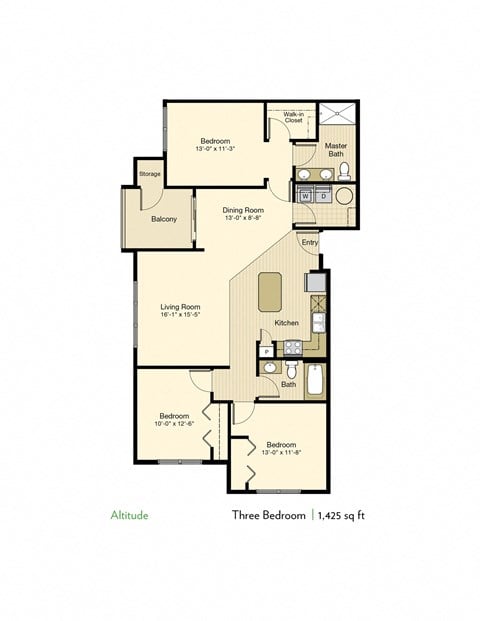 Floor plan for 3 beds, 2 baths, 1425 sqft