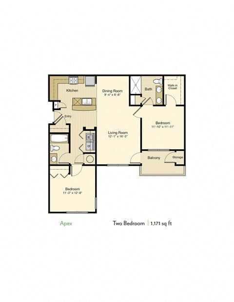 Floor plan for 2 beds, 2 baths, 1171 sqft